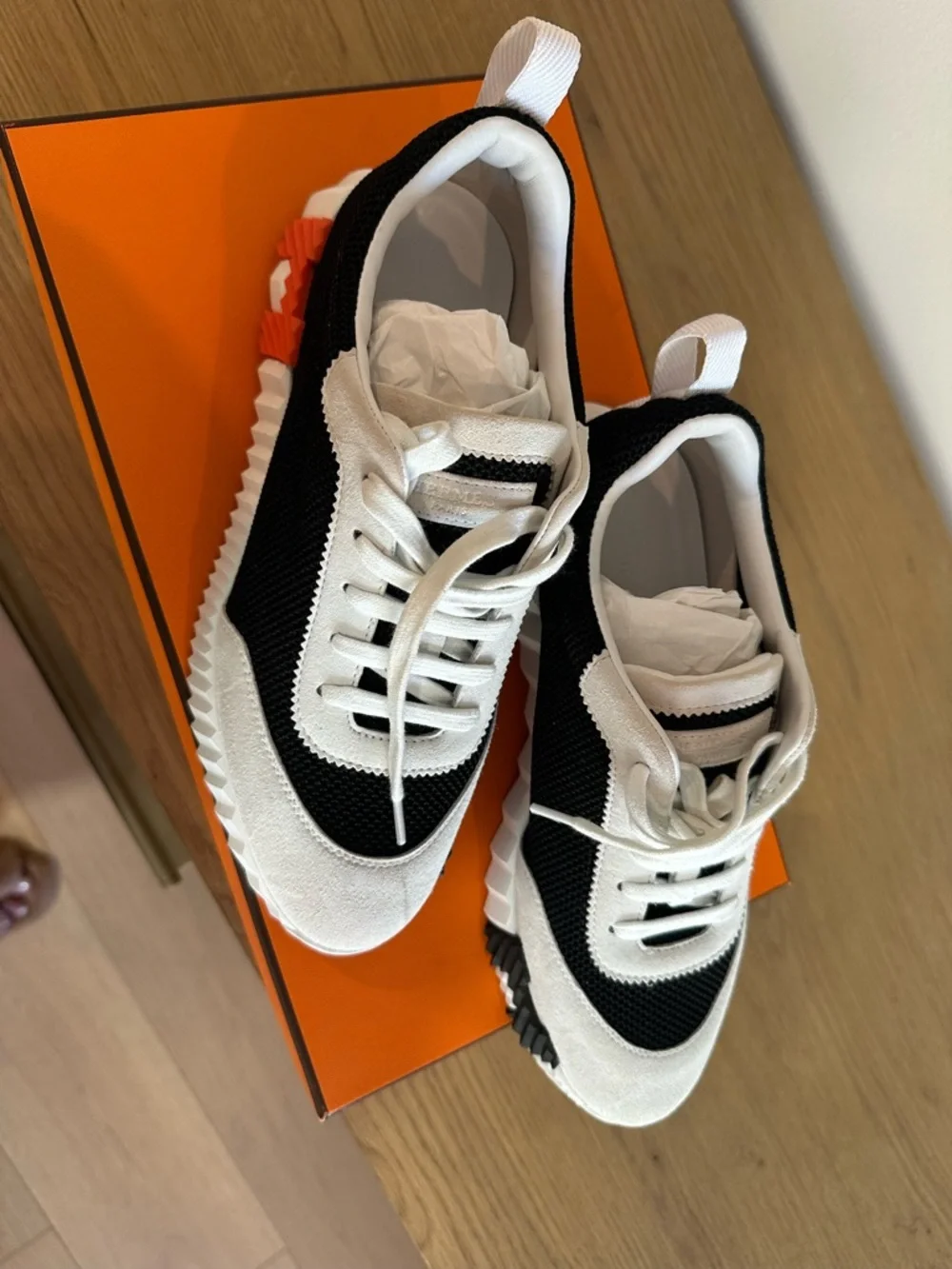 Authentic Hermes Bouncing Sneaker Black, White & Orange Platform - Picture 9 of 15